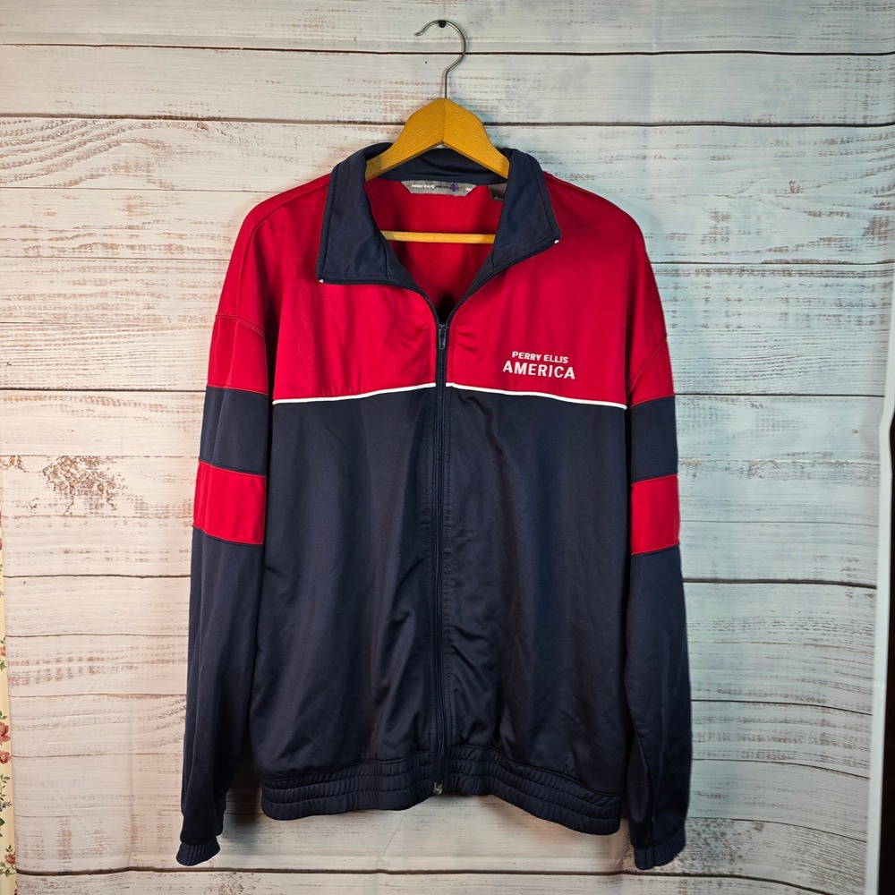 Perry Ellis America Colorblock Full Zip Track Jacket Red Navy Men's Large Y2K